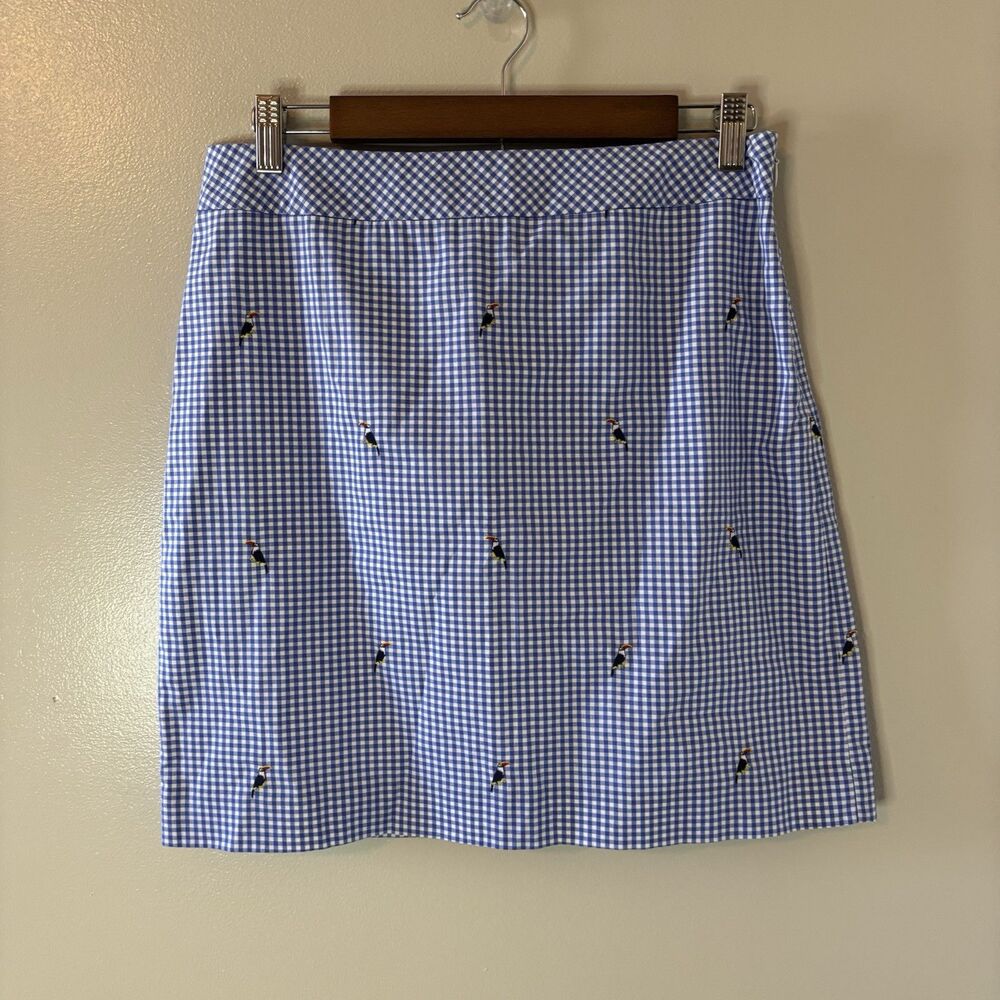 Talbots Blue Gingham Skirt Toucan Birds Zipper Lined Sz 6 Petite
